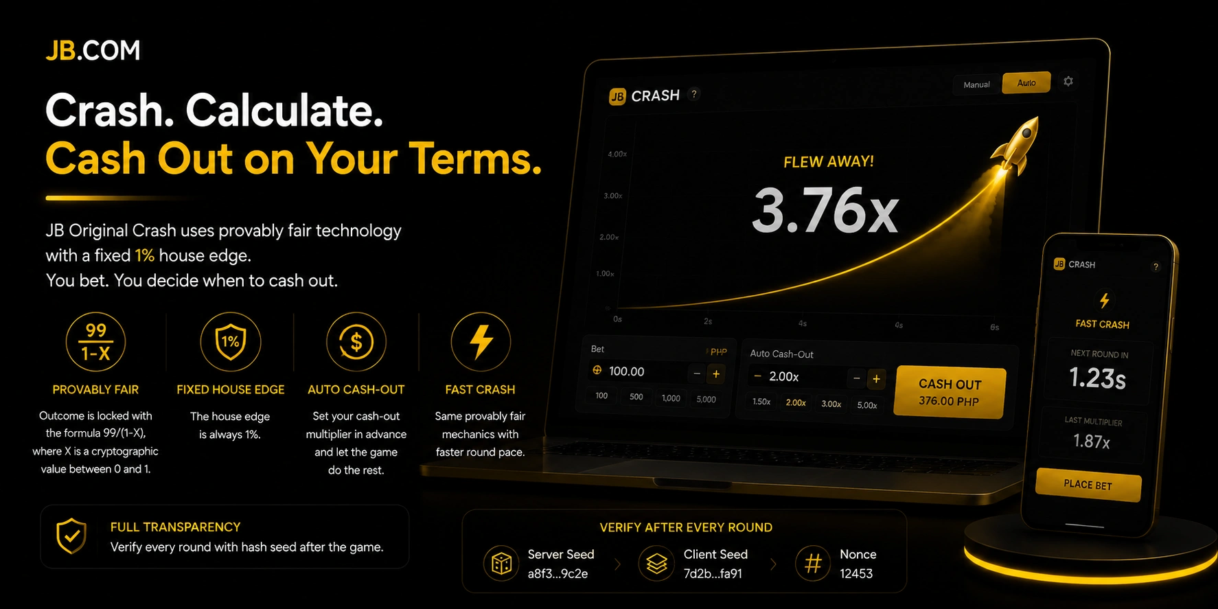 JB.com Crash game – 3.76x multiplier, auto cash-out, hash verification